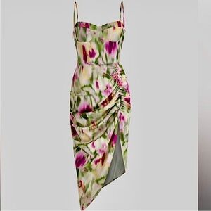Cider Green Pink Asymmetrical Ruched Satin Dress
